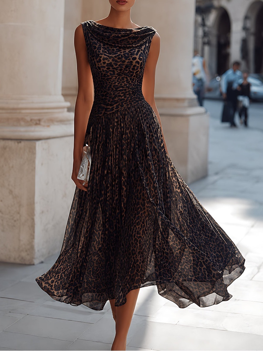 Mooyius Cowl Neck Leopard-Print Maxi Dress